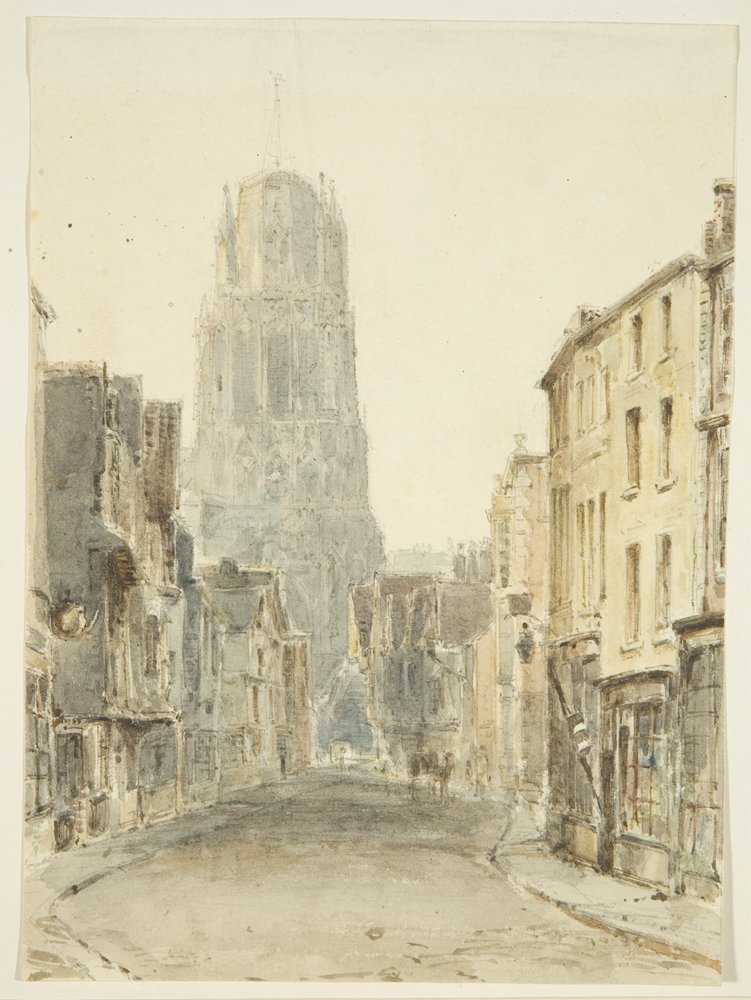 Noordaanzicht van de St. Mary Redcliffe-kerk vanaf Redcliffe Street, ca. 1825 door William Henry Bartlett