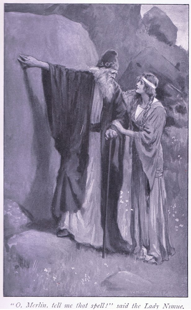 O, Merlin vertel me die spreuk! zei de dame Niume door William Henry Margetson