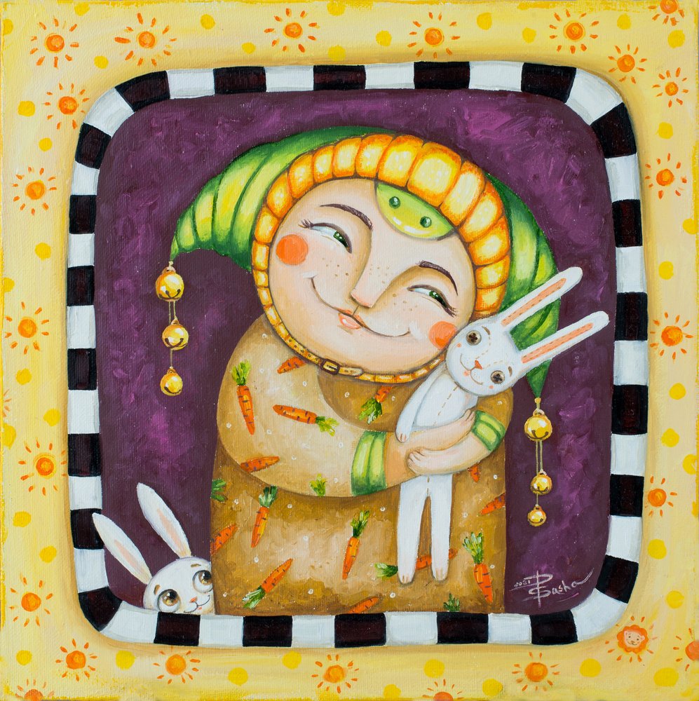 Lachend figuurtje en konijntjes door Aleksandra Paranchenko