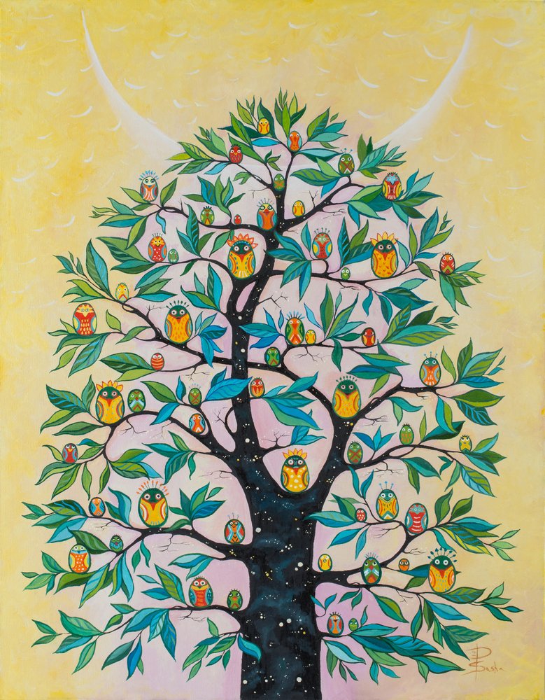 Boom met speelse uilen door Aleksandra Paranchenko