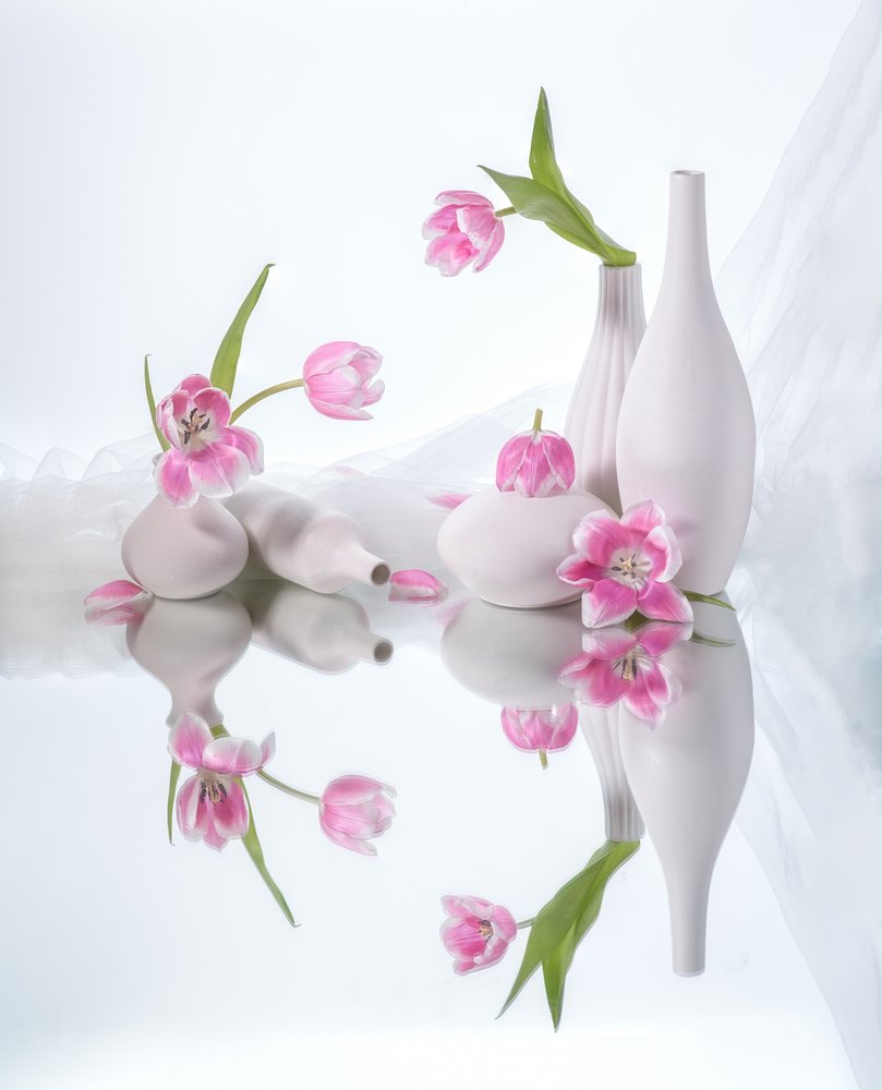 Reflecties van roze tulpen door Alice Sheng
