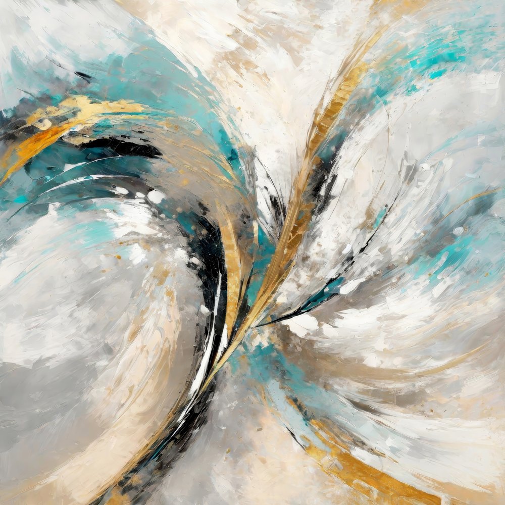 Dynamisch abstracte compositie in blauwgroen en goud door Alpenglow Workshop
