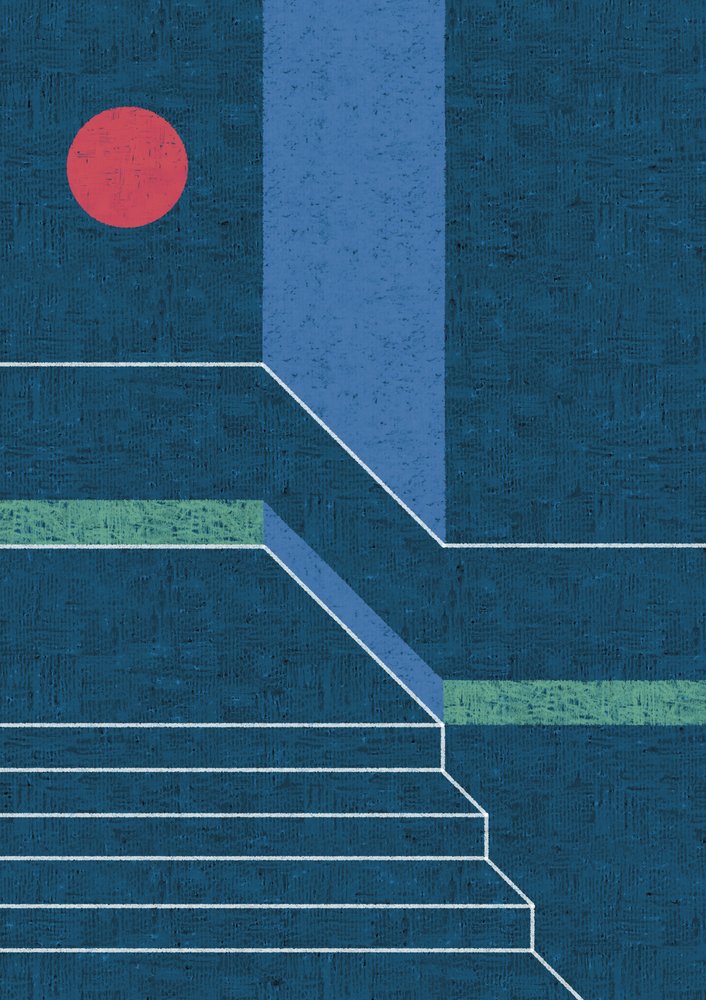 Rode cirkel, blauwe treden door Amy Louise Baker