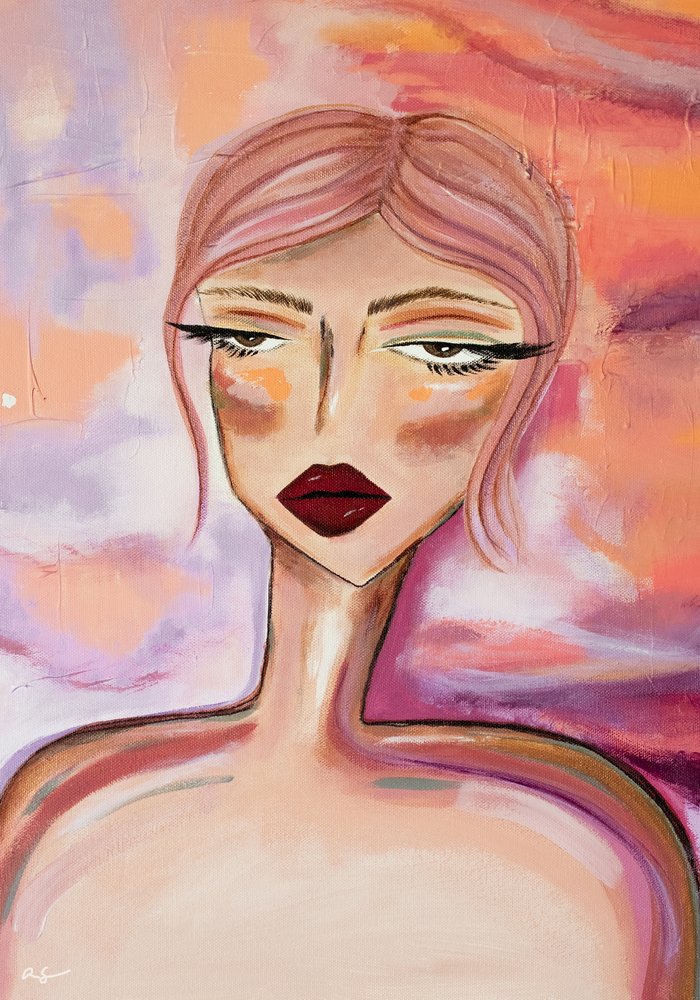 Portret met roze haar in een melancholische sfeer door Amy Straley