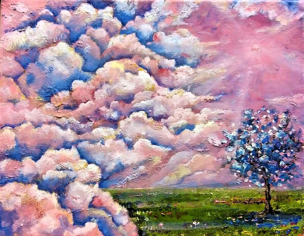 Roze lucht, blauwe boom door Anda Bieza