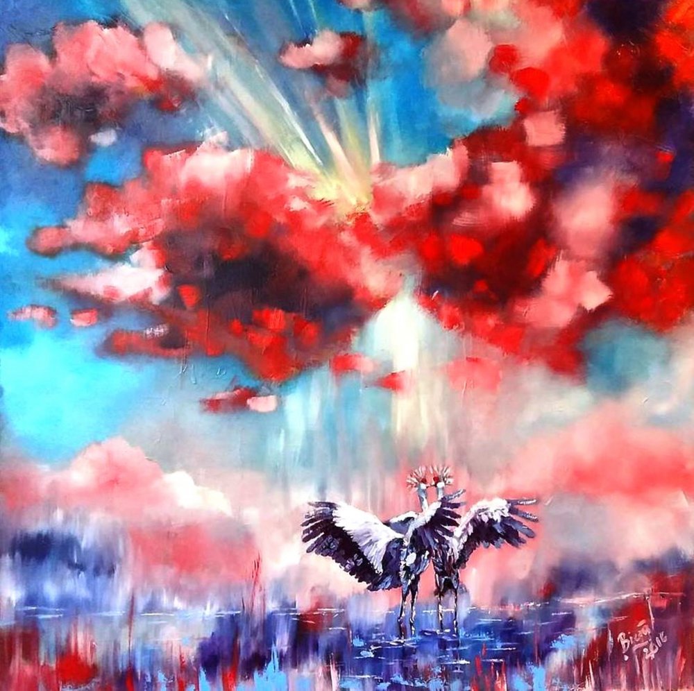 Twee kraanvogels, rode wolken door Anda Bieza
