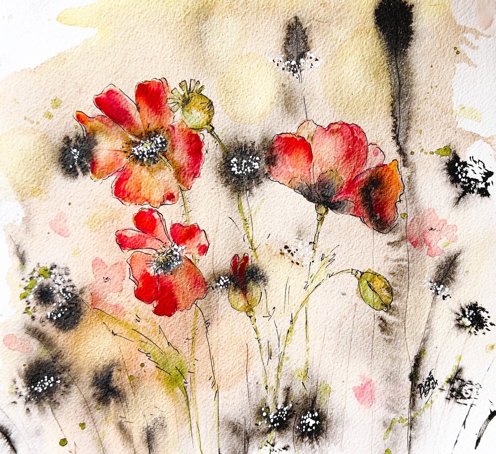Waterverf van wilde papaver door Anda Bieza
