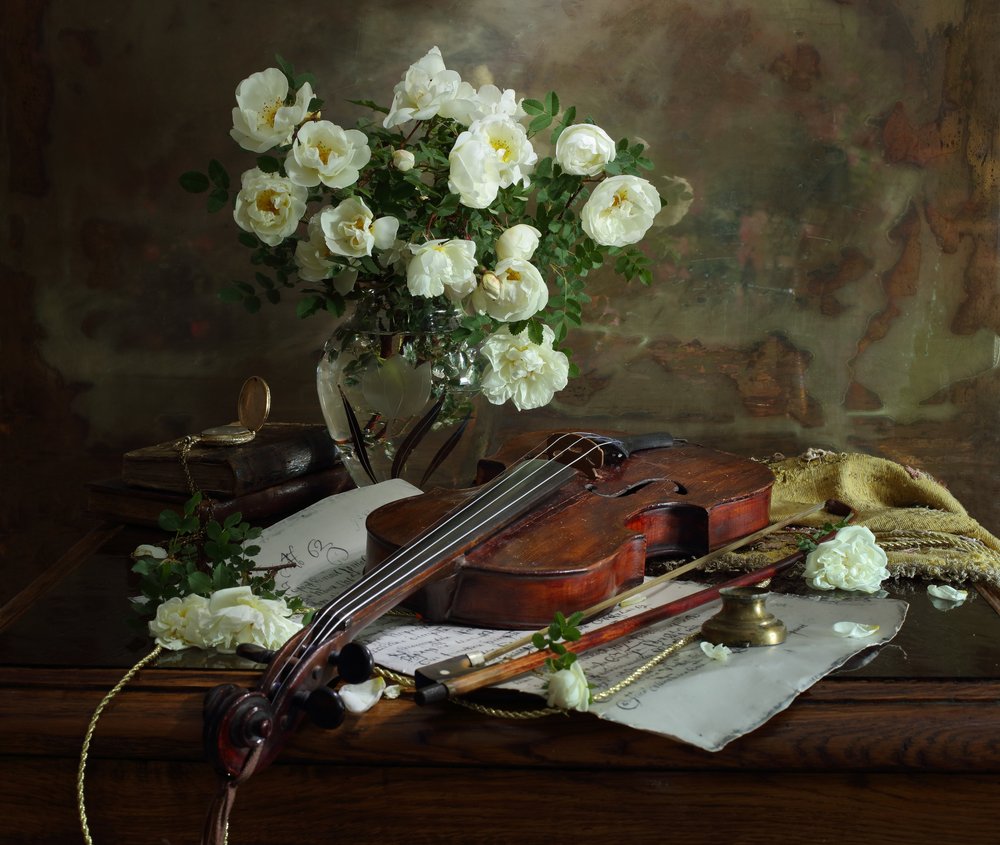 Witte rozen en viool door Andrey Morozov