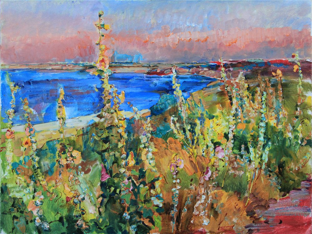 Zonsondergang boven bloemen aan de kust door Andrii Kutsachenko