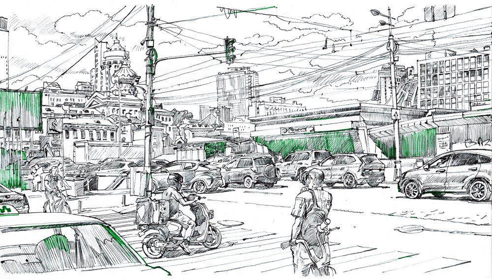 Tekening van het stadsverkeer door Andrii Kutsachenko