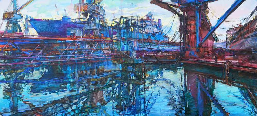 Levendige weerspiegelingen op de scheepswerf door Andrii Kutsachenko