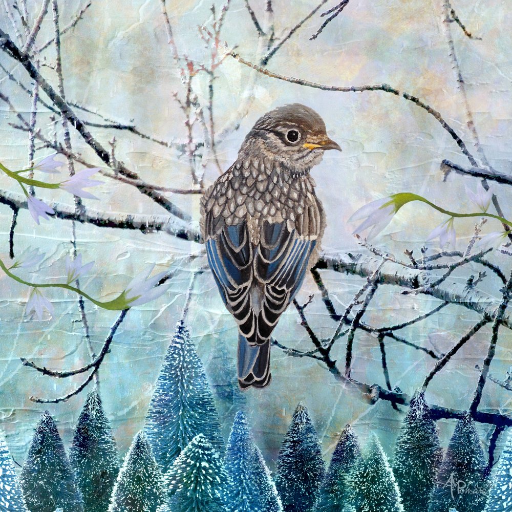 Wintertafereel met een blauwe vogel door Angeles M. Pomata