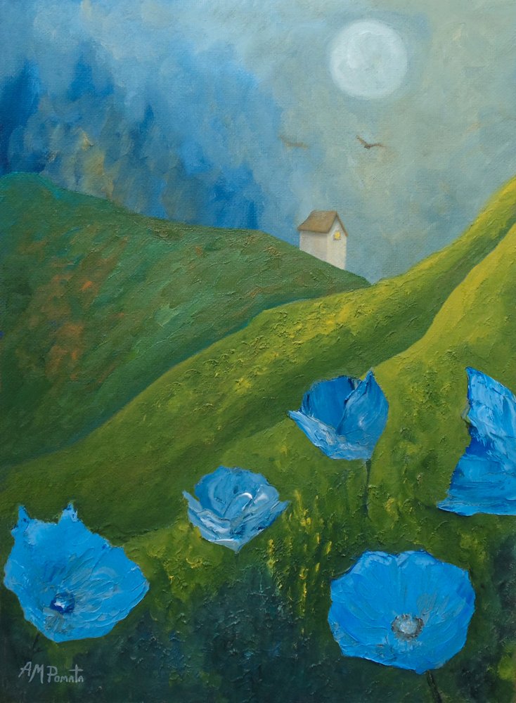 Blauwe papavers in de maanverlichte heuvels door Angeles M. Pomata