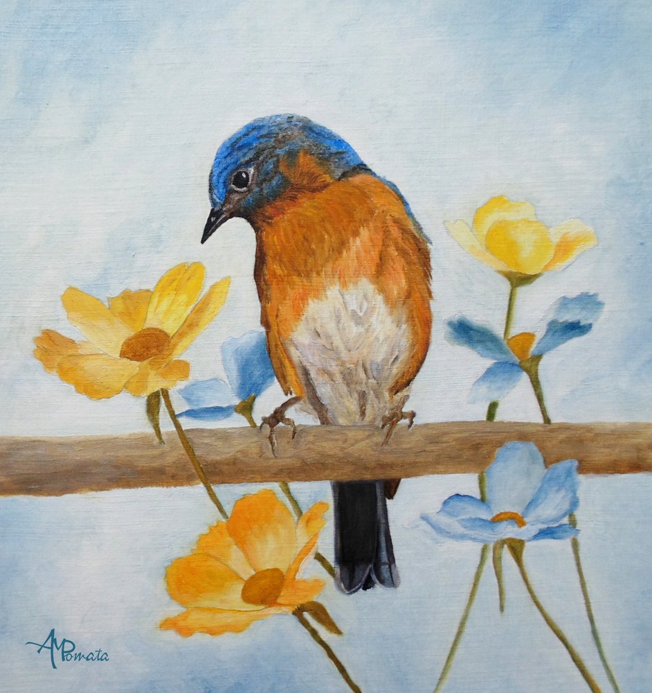 Een blauwe vogel tussen de bloemen door Angeles M. Pomata