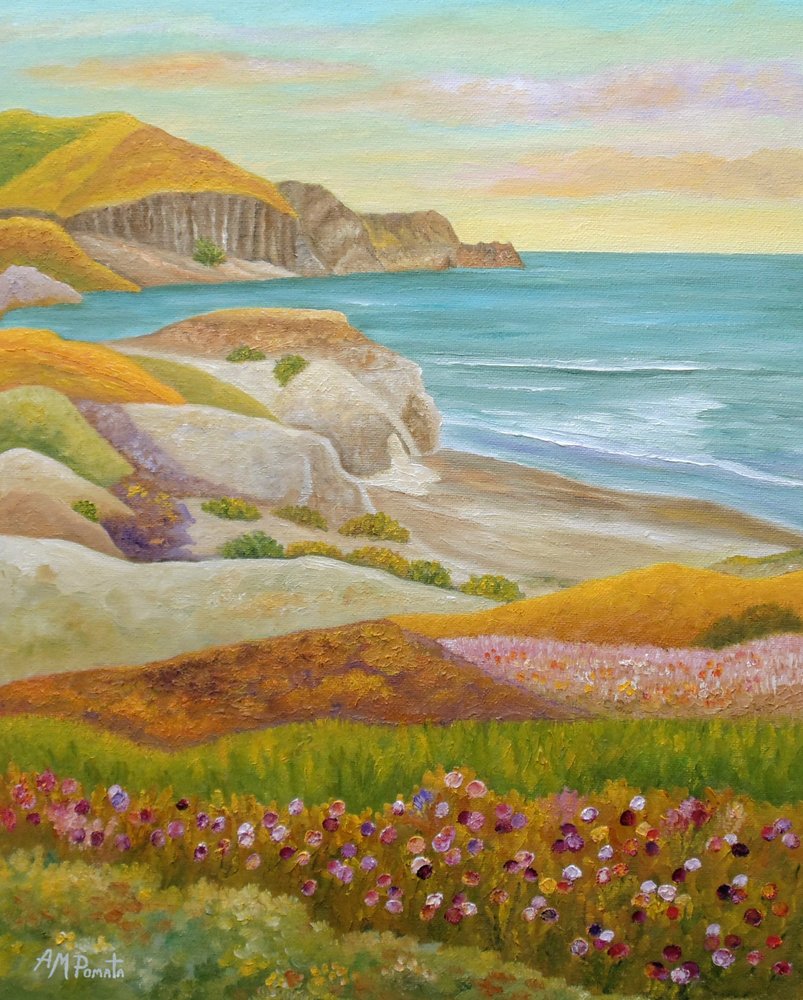 Landschap met wilde bloemen aan de kust door Angeles M. Pomata