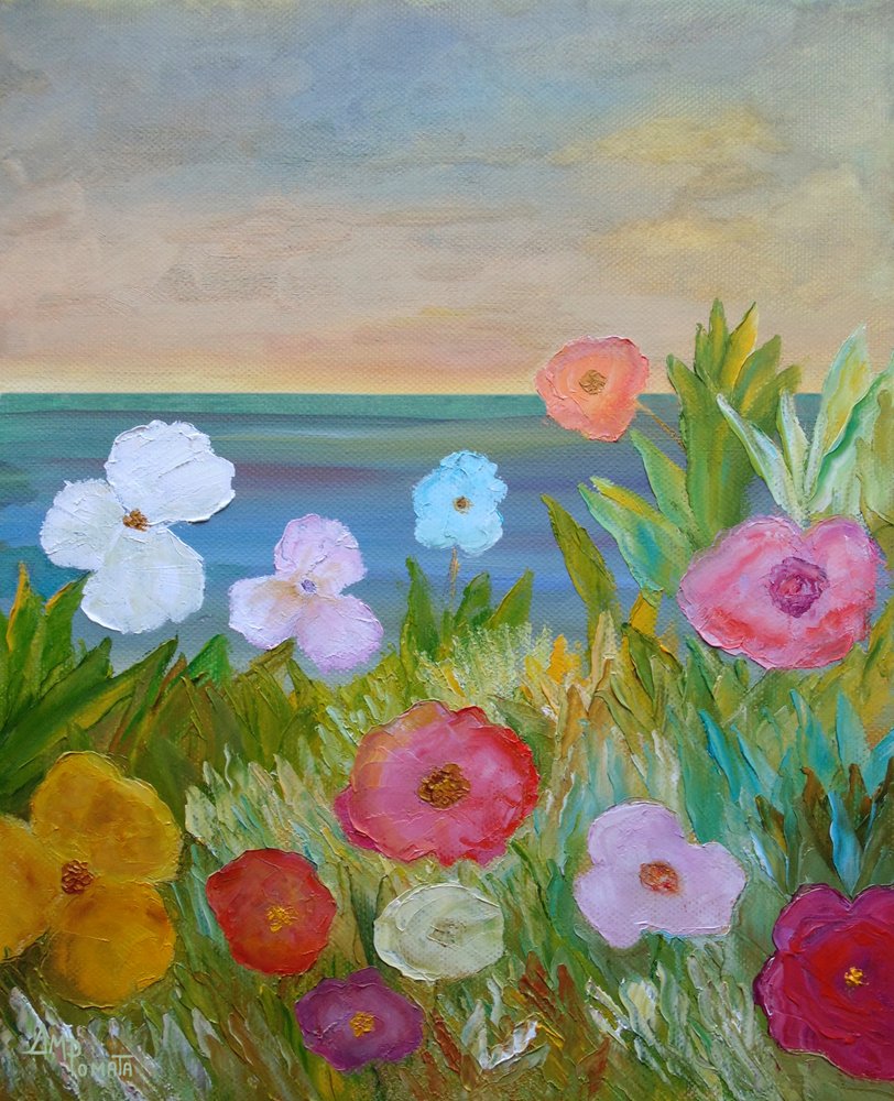 Kleurrijke bloemen met uitzicht op zee door Angeles M. Pomata