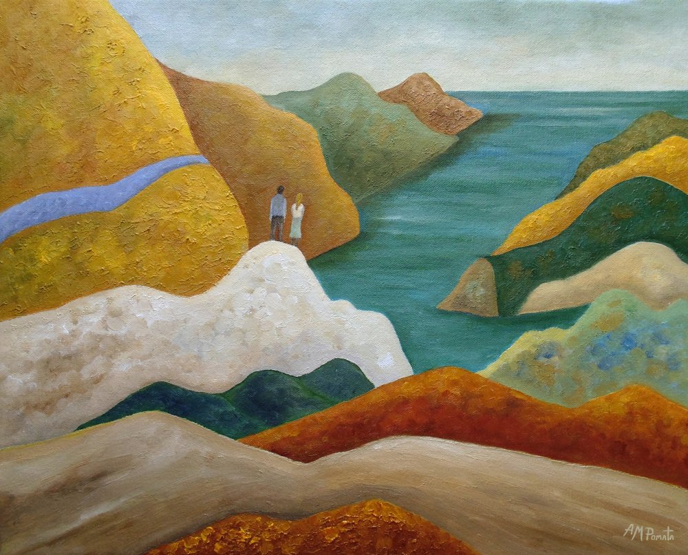 Stel met uitzicht op de kust door Angeles M. Pomata