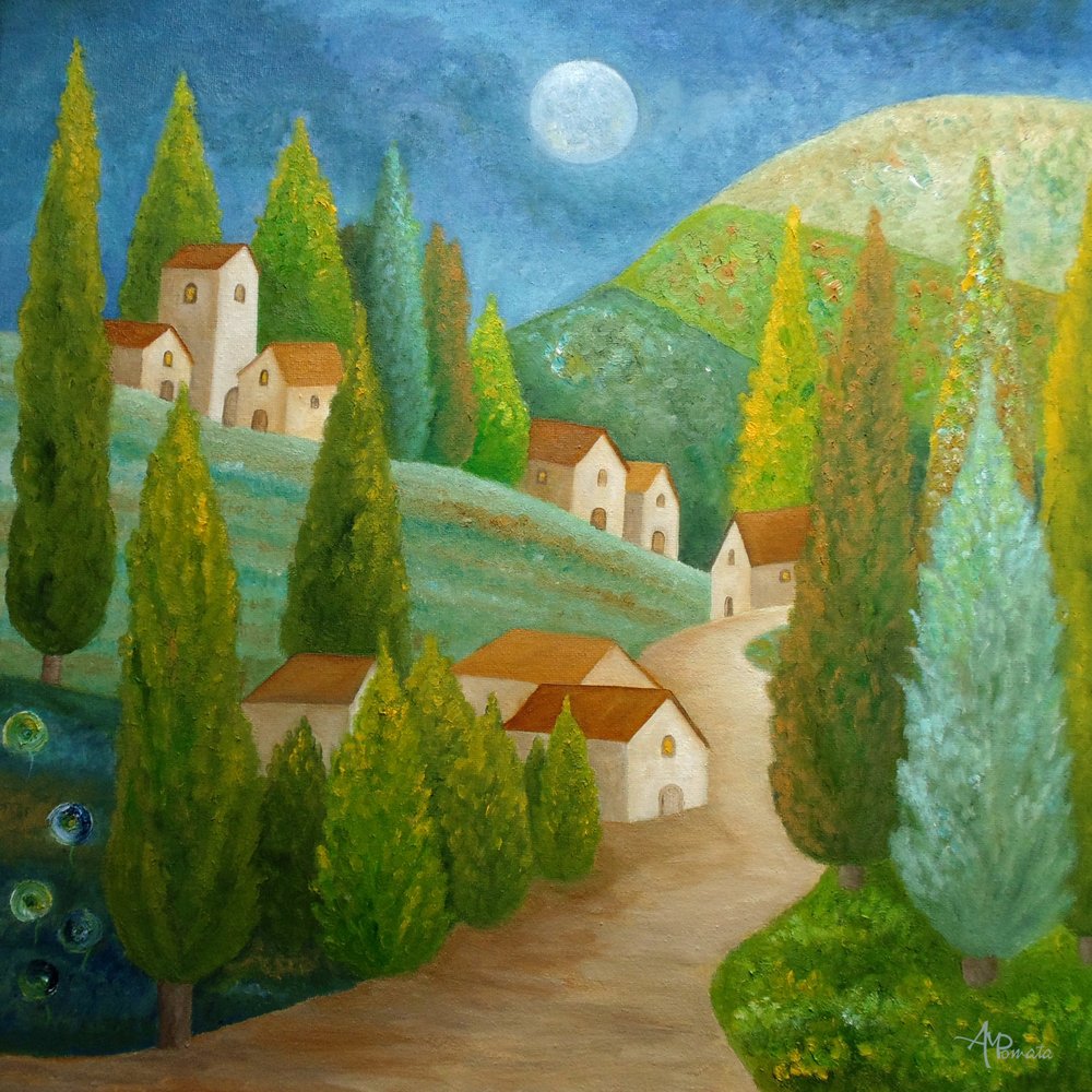 Een Toscaans dorpje bij maanlicht door Angeles M. Pomata
