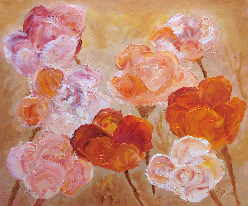 Roze perzikbloemen in impasto-stijl door Angeles M. Pomata