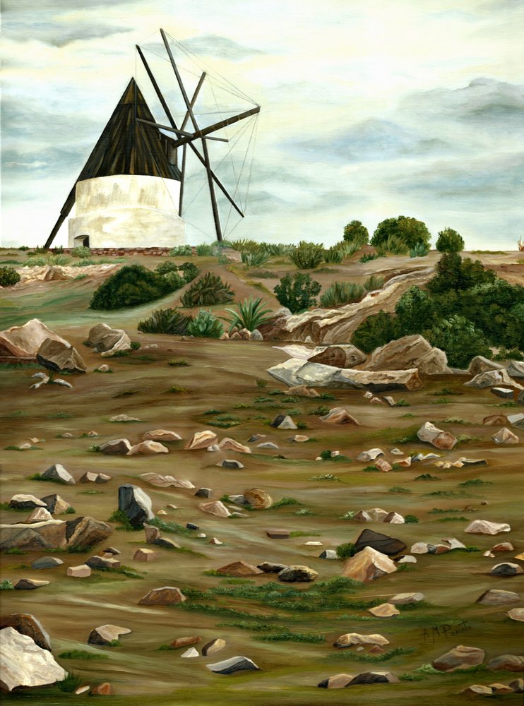 Landschap met een rustieke windmolen door Angeles M. Pomata
