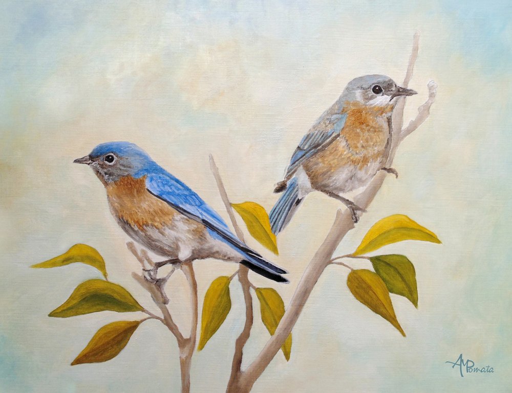 Twee blauwe vogels zaten op een tak door Angeles M. Pomata