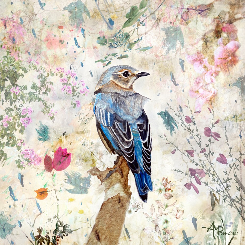 Vintage bloemenmotief met blauwe vogel door Angeles M. Pomata