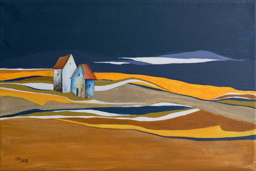 Twee huizen in de glooiende heuvels door Aniko Hencz