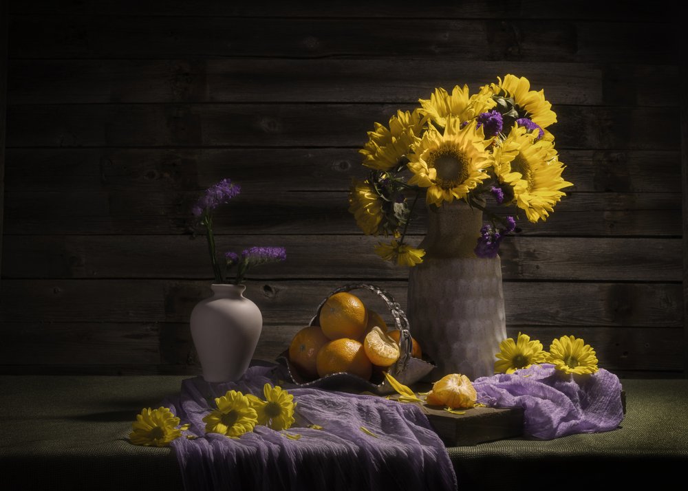 Stemmige zonnebloemen en mandarijnen door Anna Qu