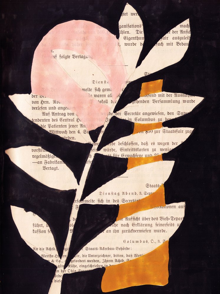 Gouache-schilderij van abstracte bladeren op een zwarte achtergrond door Annick