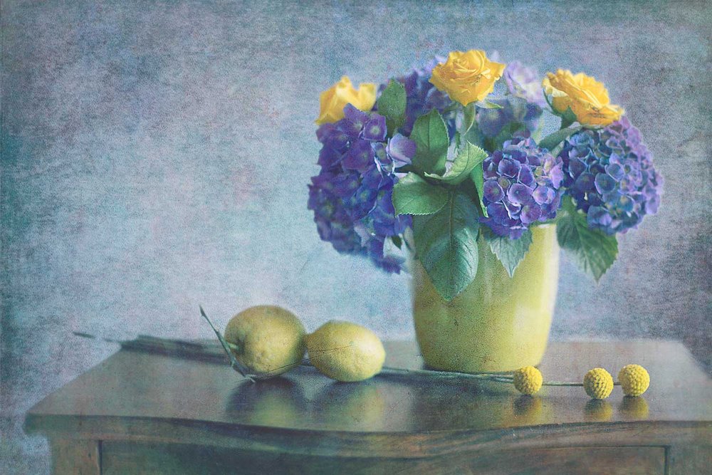 Paarse hortensia’s, gele rozen door Antonella Renzulli