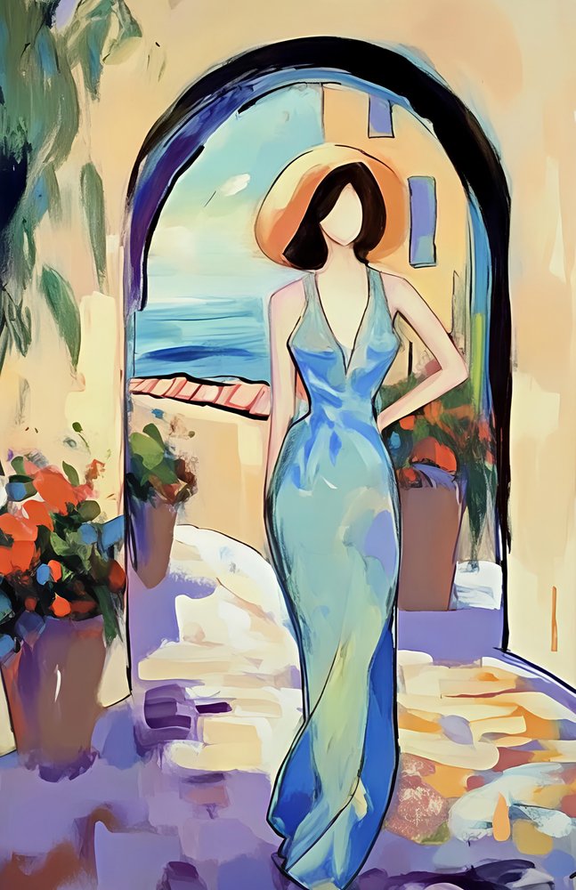 Elegante vrouw met uitzicht op zee door Avanesova Elena