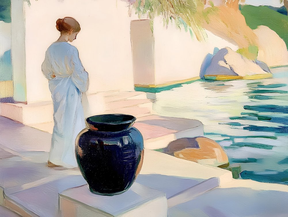 Serene Woman Blauwe Vaas door Avanesova Elena