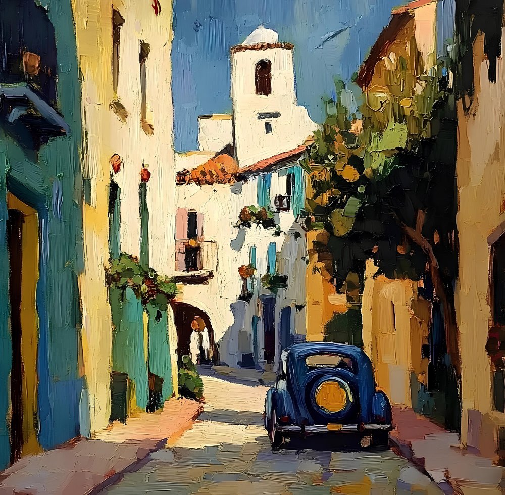 Sunny Village Blauwe auto door Avanesova Elena