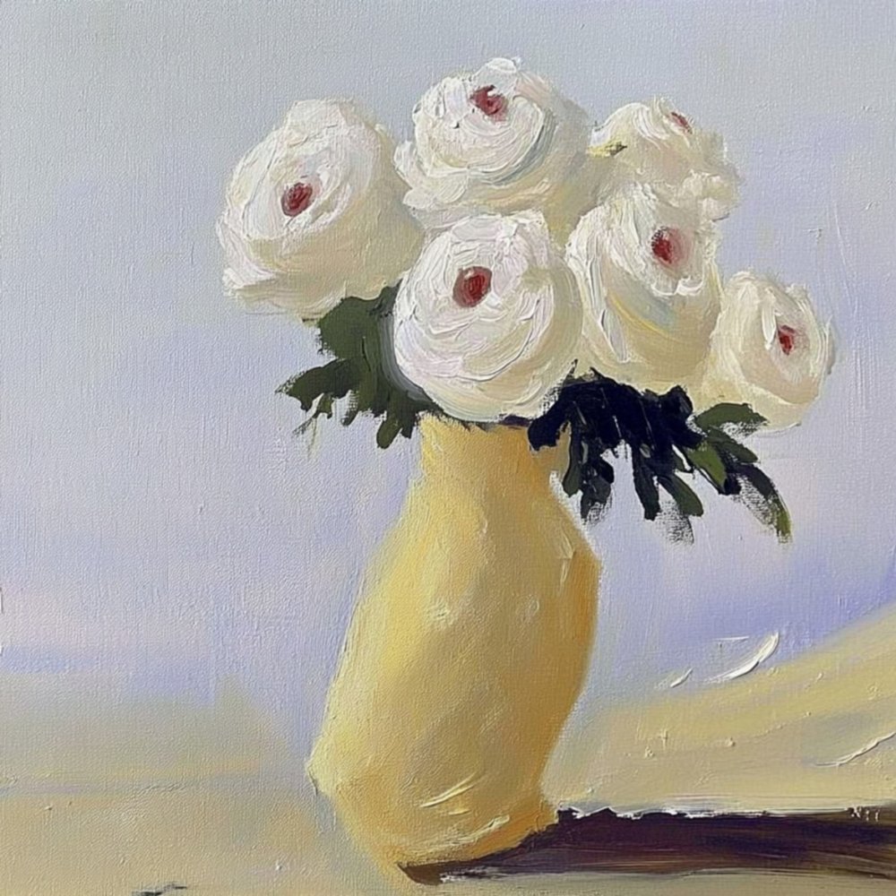 Witte bloemen in een gele vaas door Avanesova Elena
