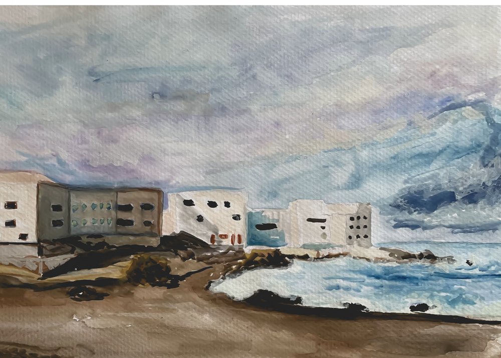 Gebouwen aan de kust – Stormachtige zee door Carola Cedell