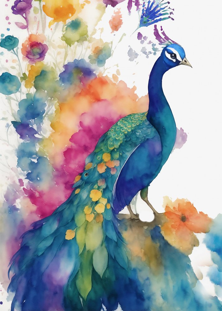 Levendige aquarel van een pauw door Christine Lindstrom