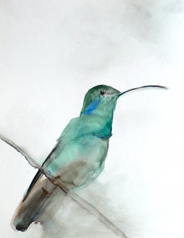 Aquarel: een blauwgroene kolibrie door Christine Lindstrom