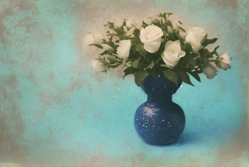 Witte rozen in blauwe vaas door Cicero Spin