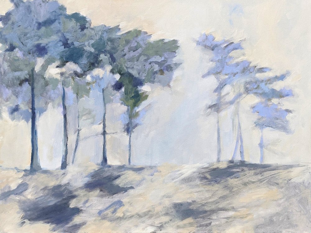 Bomen in het mistige bos door Claire Whitehead