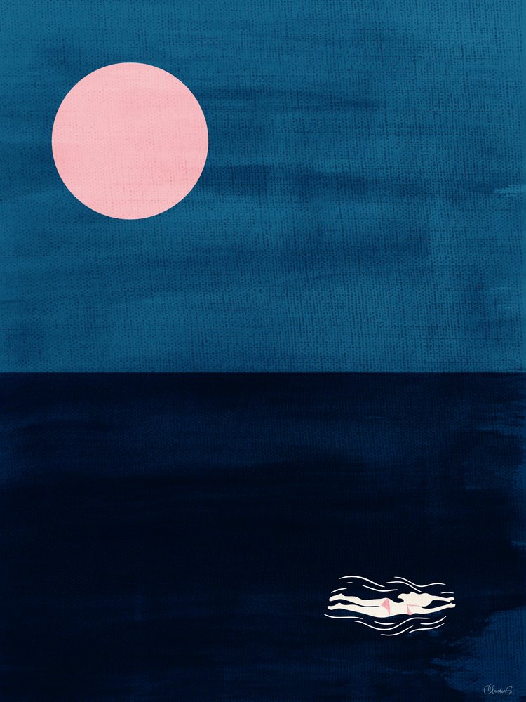Midnight Swim Pink Moon – Abstracte kunstprint met oceaanthema door Claudia Spano'