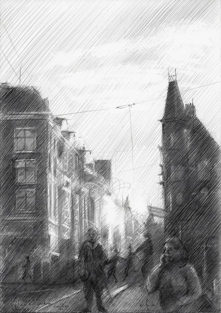 Sketch van een stadsstraat door Corné Akkers