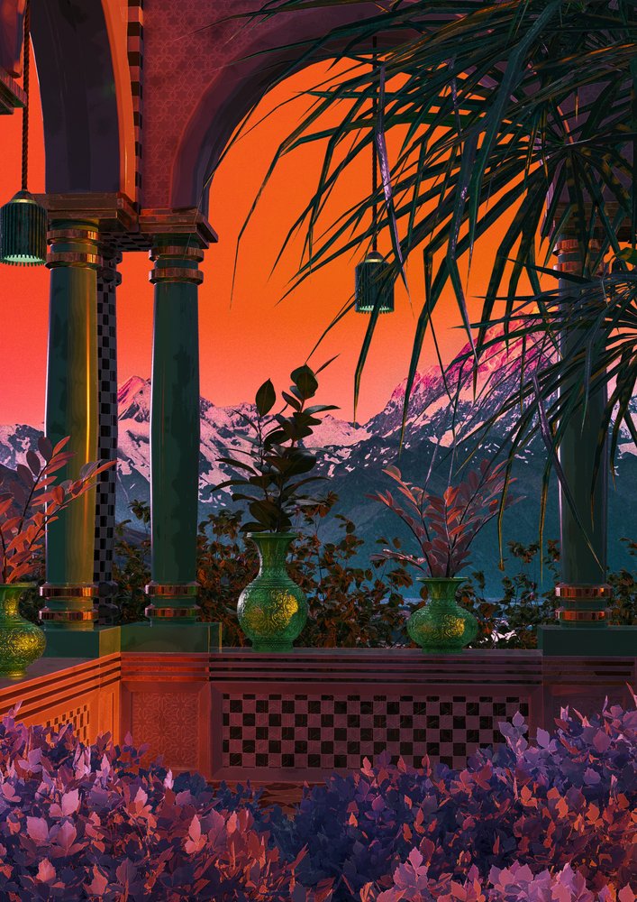 Balkon met exotisch uitzicht op de zonsondergang door CosmoZach