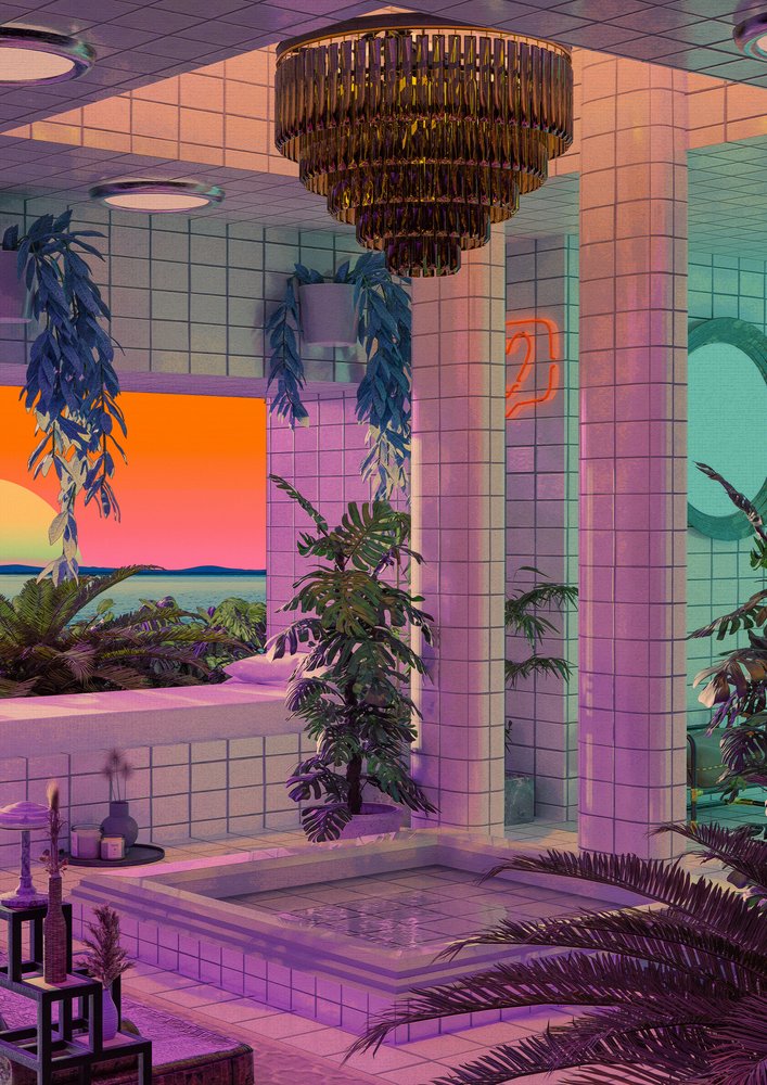 Vaporwave-zonsondergang bij het zwembad door CosmoZach