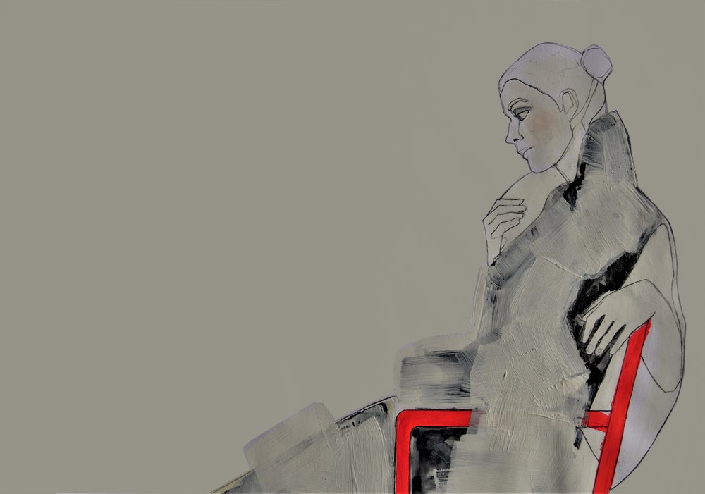 Contemplatieve vrouw in het rood door Doris Schmitz
