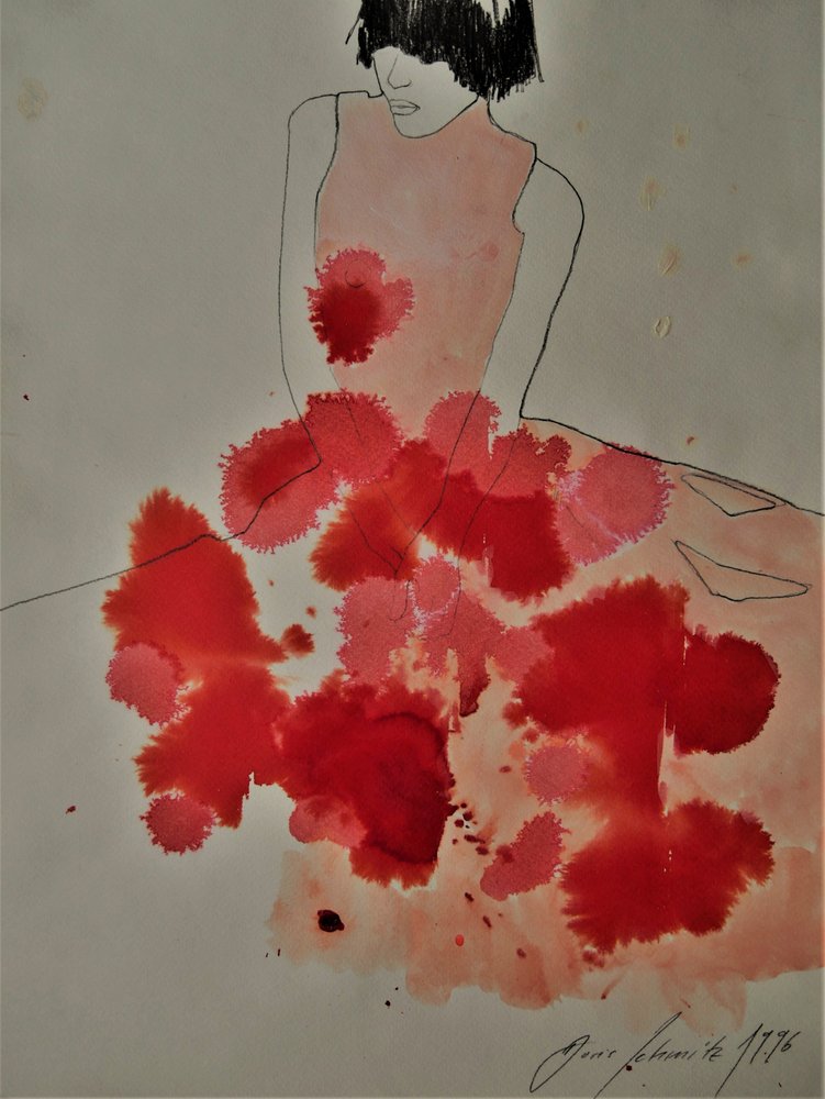 Rode jurk met inktprint door Doris Schmitz