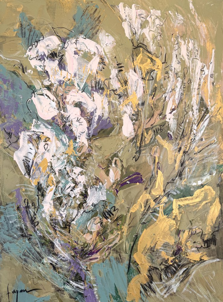 Abstract: Groene, gouden bloemen door Dorothy Fagan