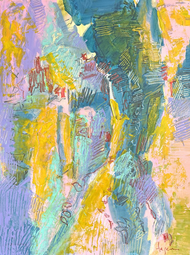 Levendig geel-blauw abstract door Dorothy Fagan
