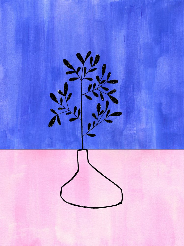 Blauw-roze vaas met botanisch motief door Ejaaz Haniff