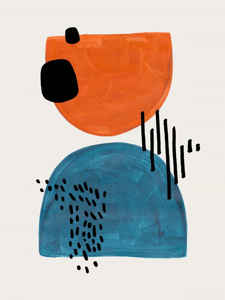 Oranje en blauwe abstracte vormen door Ejaaz Haniff