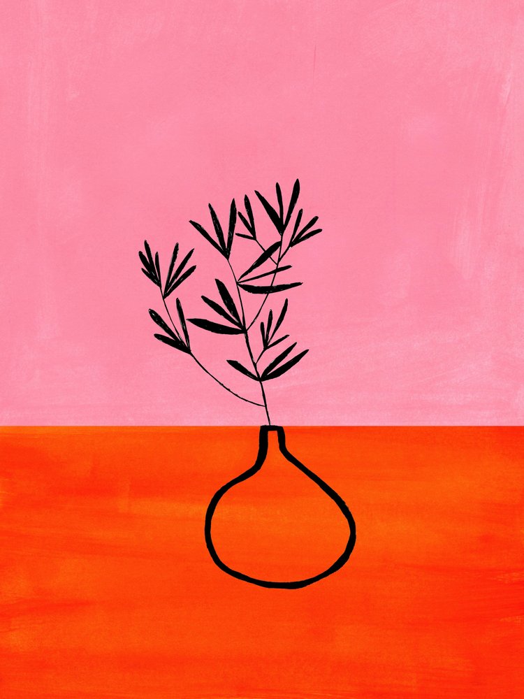 Roze-oranje vaas met botanisch motief door Ejaaz Haniff